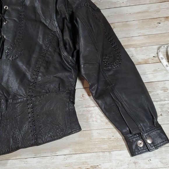 Vintage Leather Protech Cropped Laced Braided Woven Studded Biker Moto Jacket‎ 8 - Picture 12 of 16